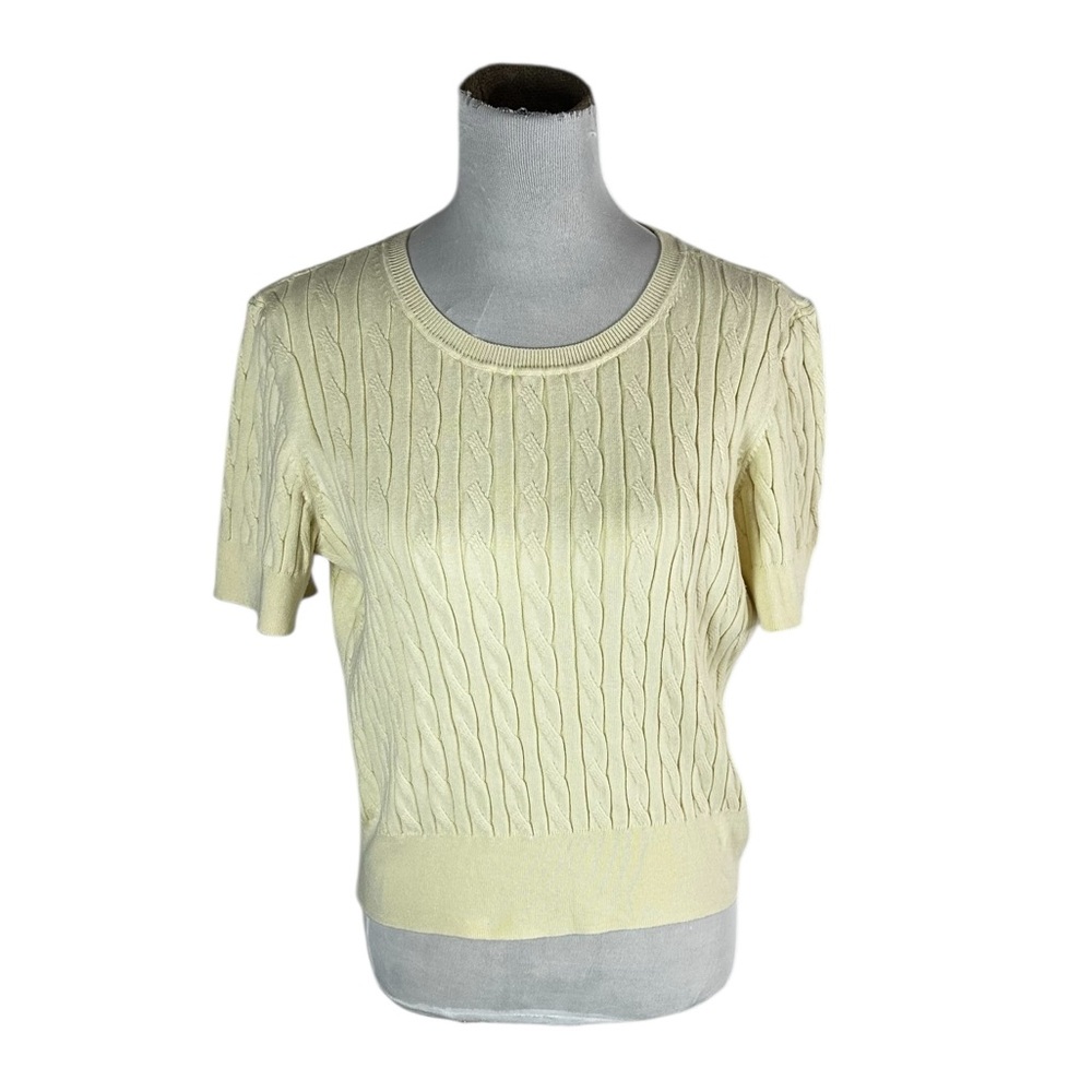 CeCe Light Yellow Cable Knit Short Sleeve Woman’s Top 74%Cotton 24 Nylon Sz L
